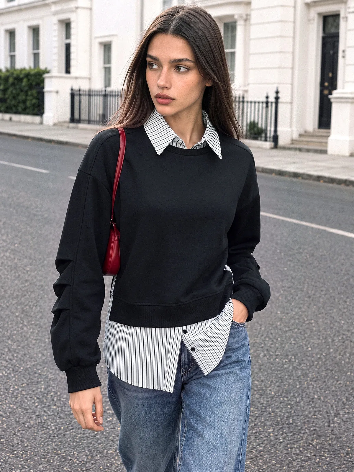 Striped Shirt Panel Fake Two‑Piece Sweatshirt sold by COMMENSE