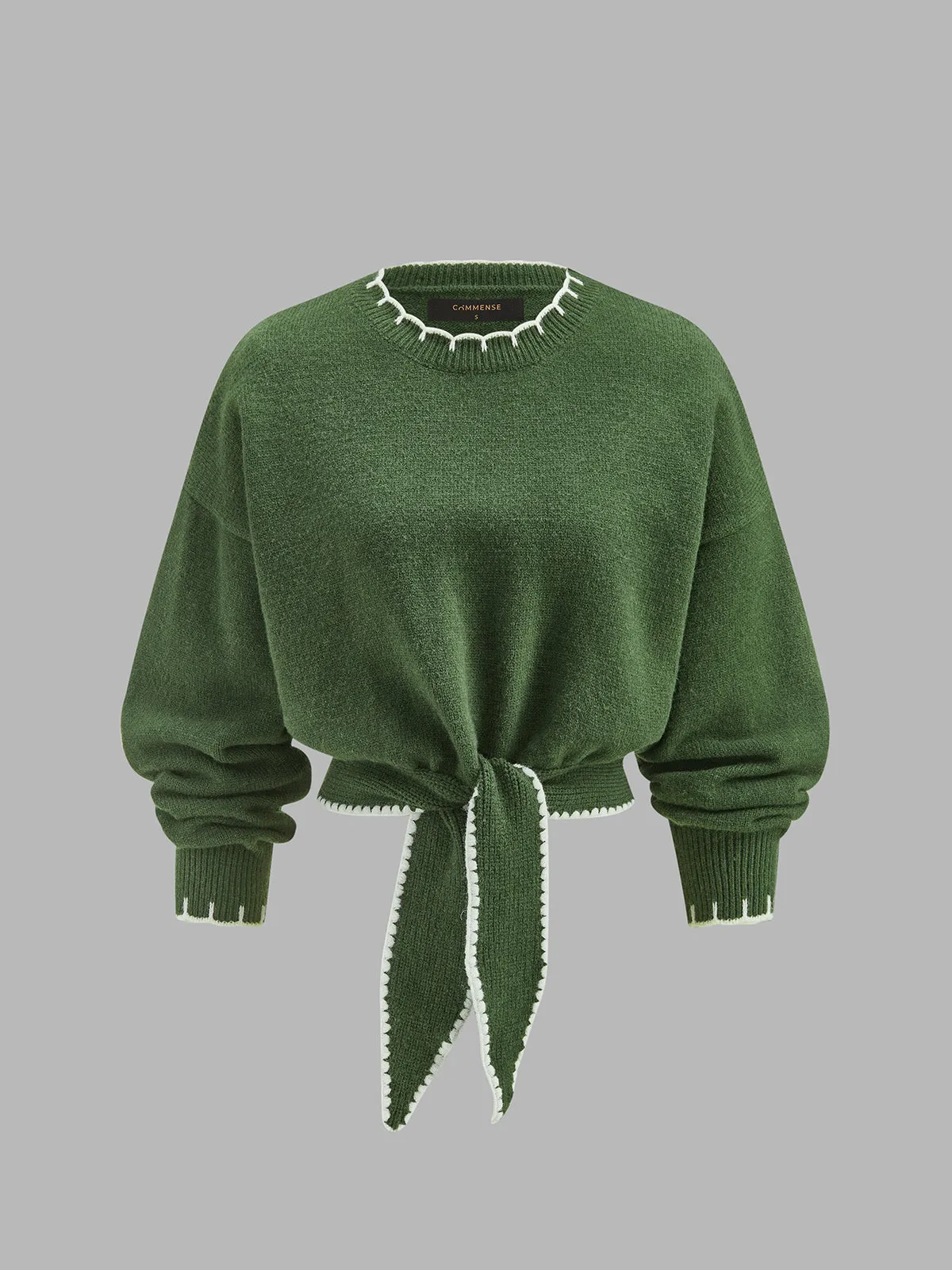 Contrast Trim Tie-Front Cropped Knit Sweater sold by COMMENSE product image thumbnail 2
