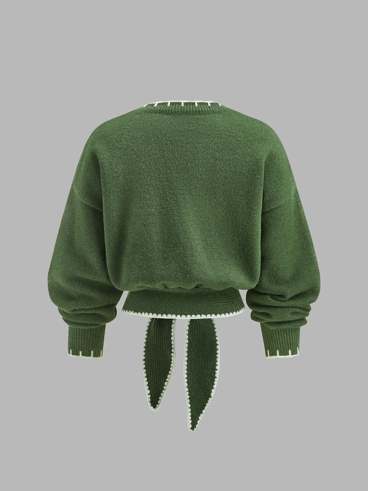 Contrast Trim Tie-Front Cropped Knit Sweater sold by COMMENSE product image thumbnail 3
