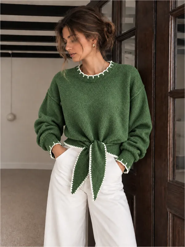Contrast Trim Tie-Front Cropped Knit Sweater made by COMMENSE
