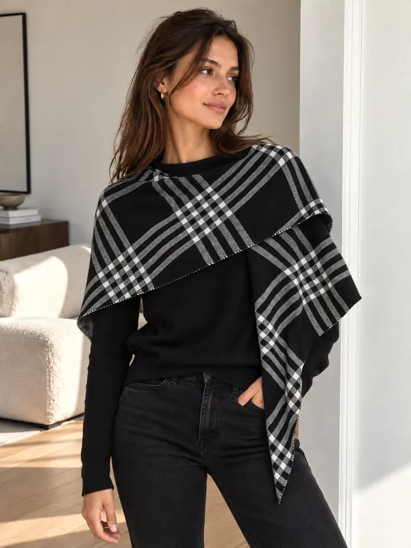 Plaid Knit Shawl & Mock‑Neck Knit Top Two‑Piece Set made by COMMENSE