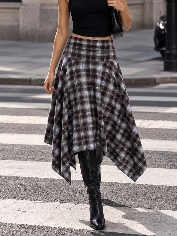 Plaid Asymmetric Handkerchief‑Hem Midi Skirt made by COMMENSE