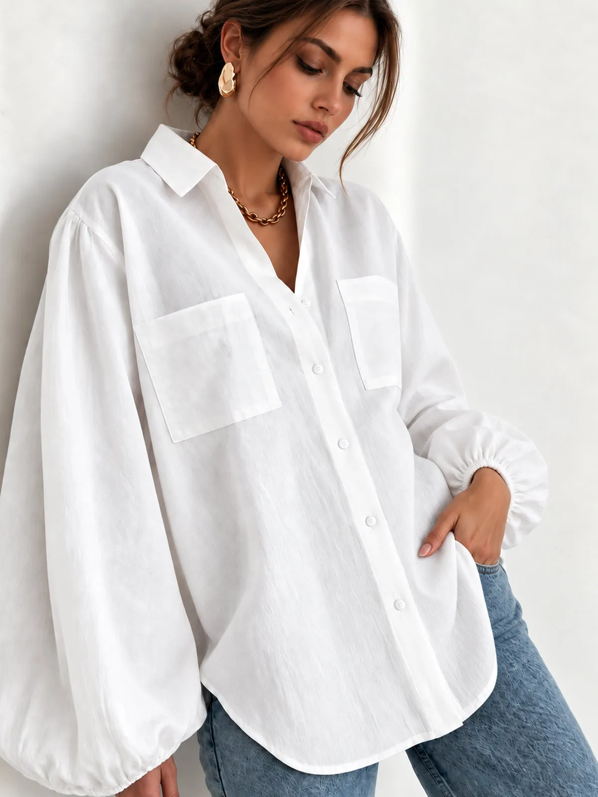 Dual‑Pocket Balloon Sleeve Loose Shirt sold by COMMENSE product image thumbnail 2
