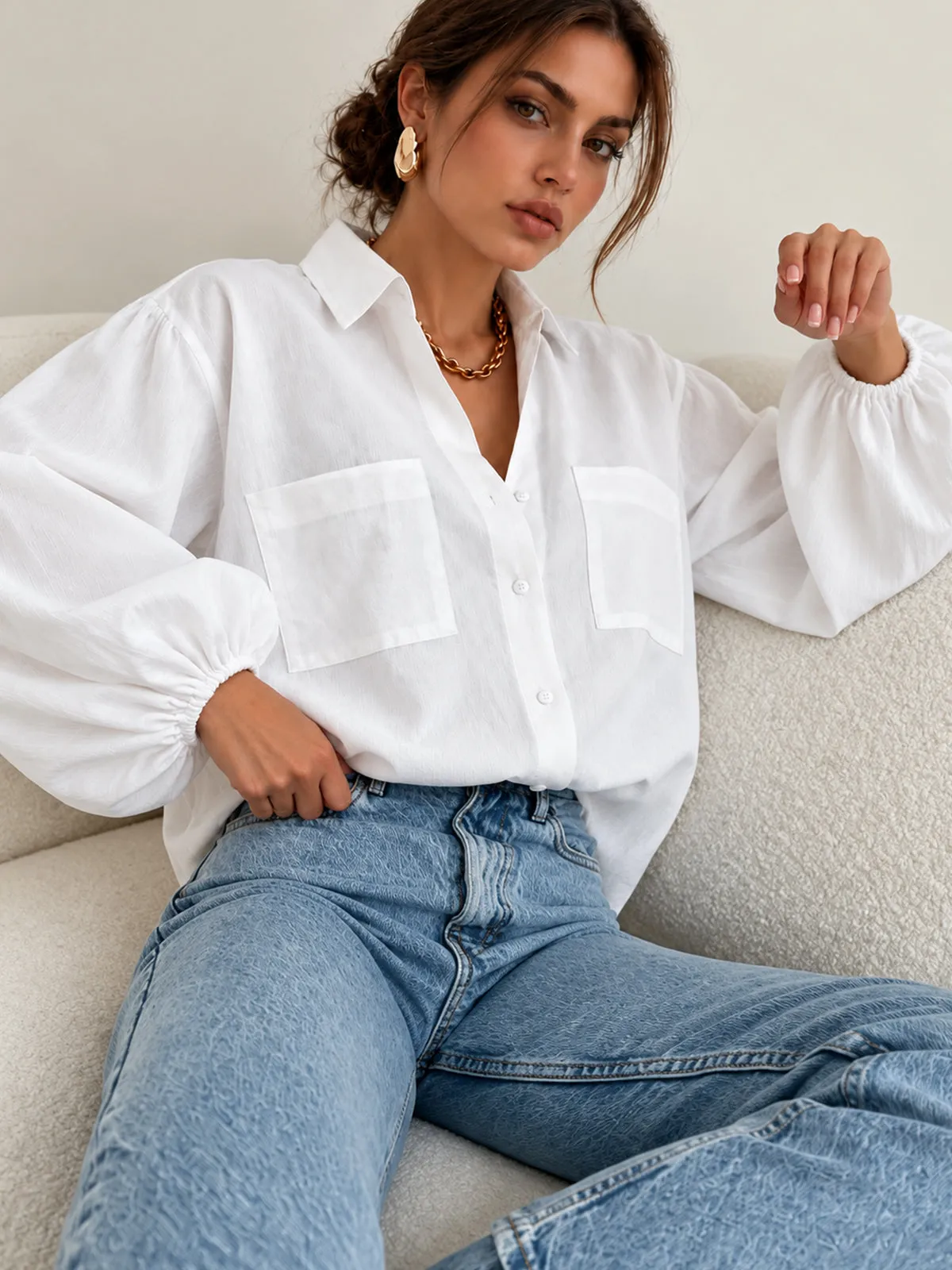 Dual‑Pocket Balloon Sleeve Loose Shirt sold by COMMENSE product image thumbnail 3