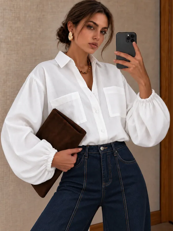 Dual‑Pocket Balloon Sleeve Loose Shirt made by COMMENSE