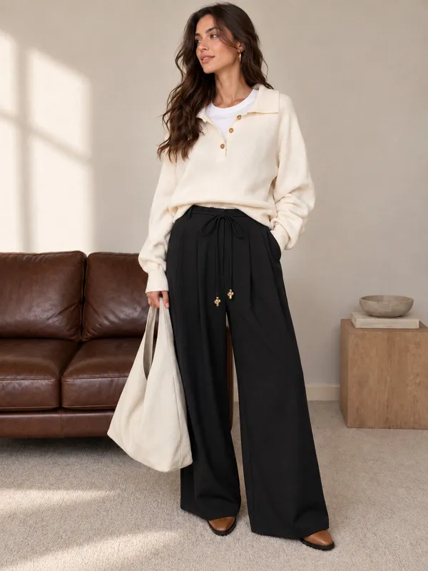 Tie-Waist Pleated Wide‑Leg Pants made by COMMENSE