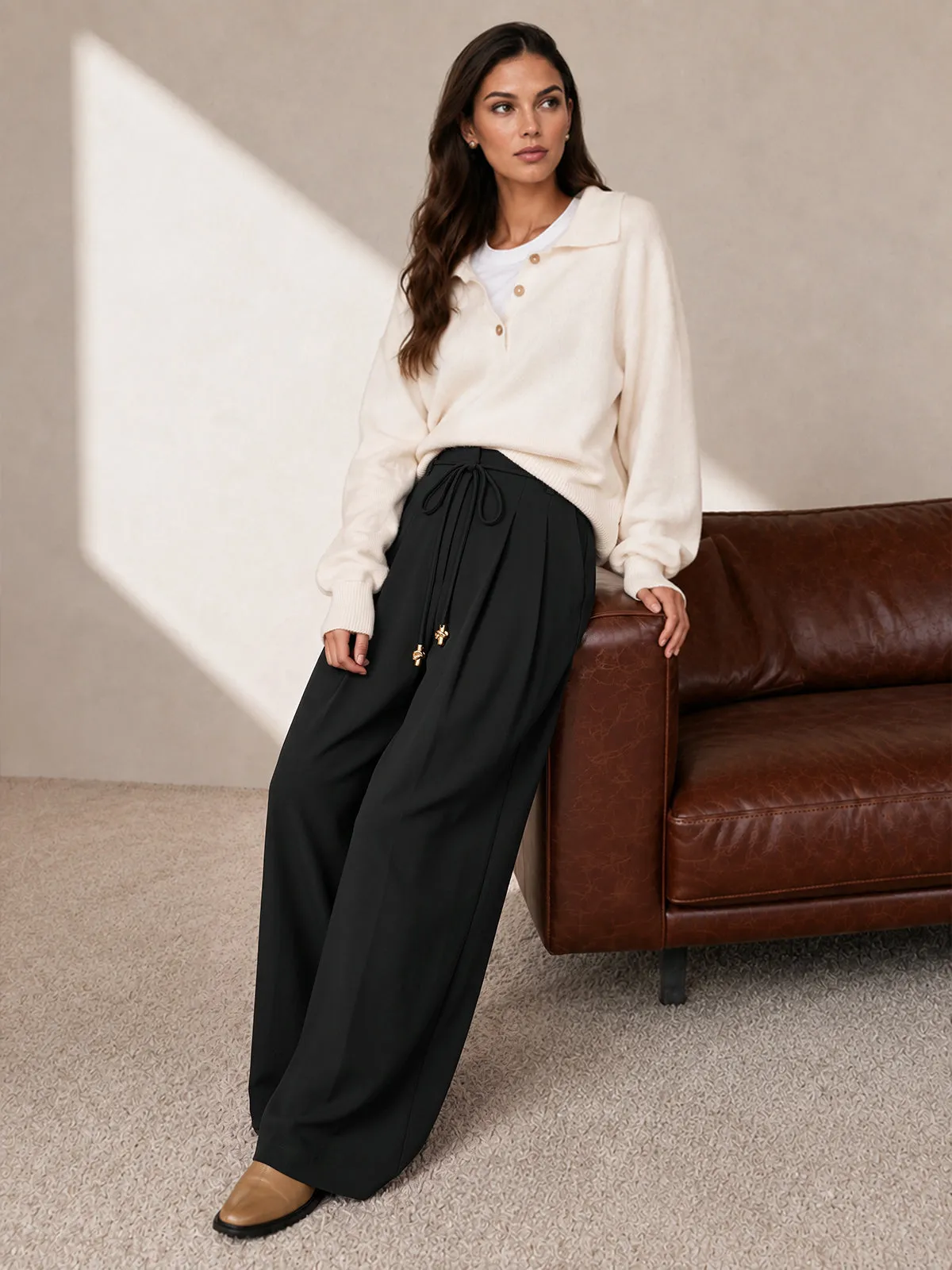 Tie-Waist Pleated Wide‑Leg Pants sold by COMMENSE product image thumbnail 2
