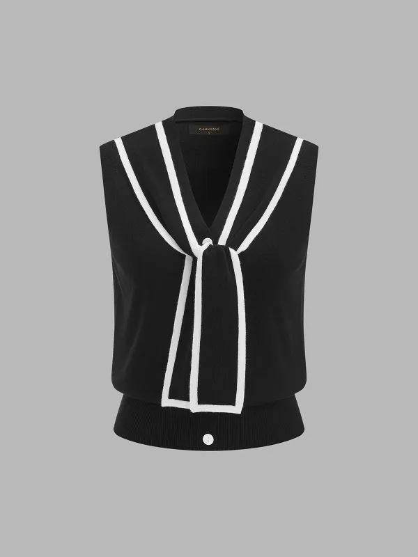 Contrast Trim Tie‑Front Wool Blend Knit Vest made by COMMENSE