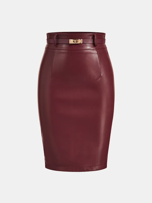 Stretch Faux‑Leather Belted Pencil Skirt made by COMMENSE