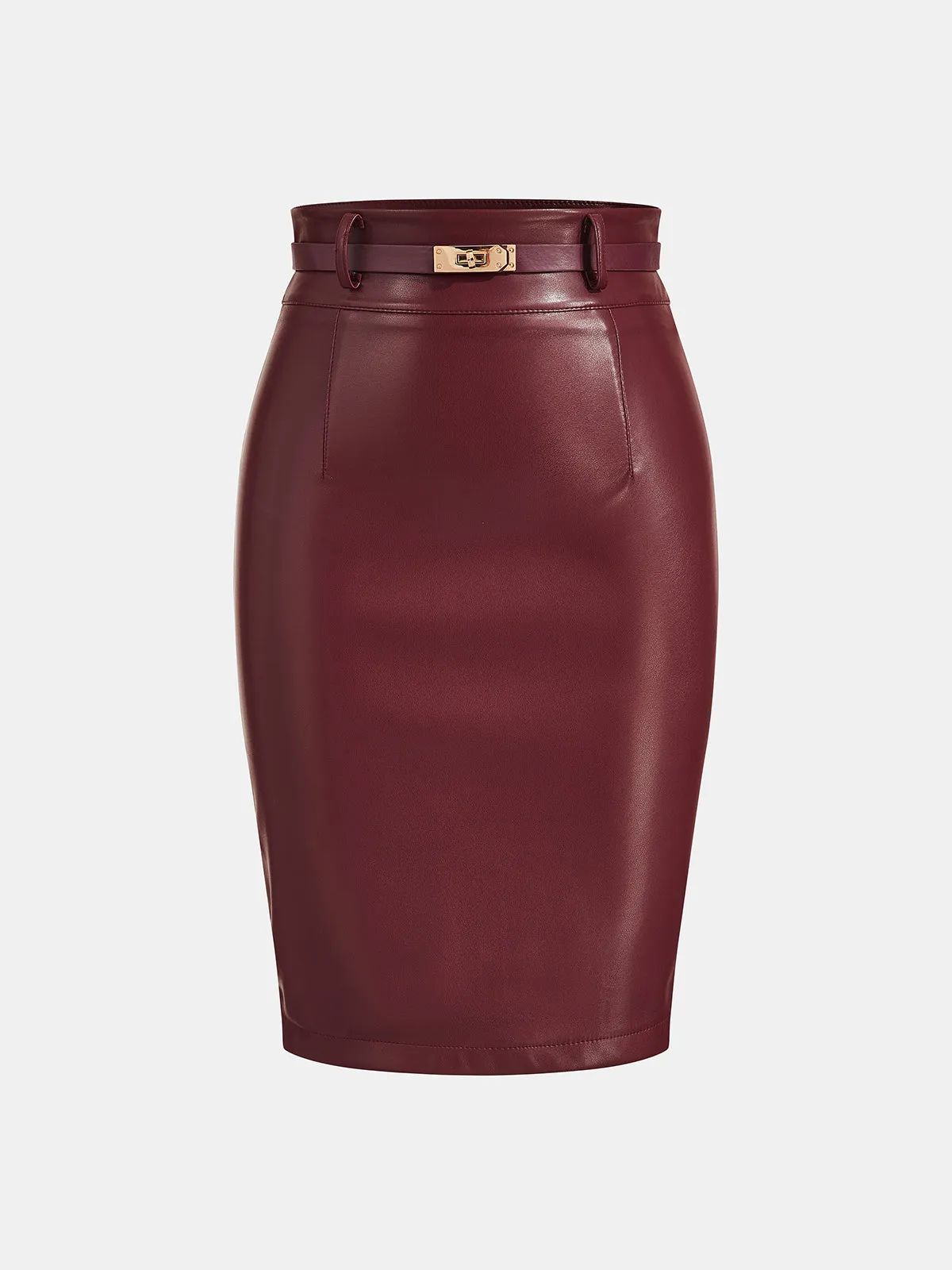 Stretch Faux‑Leather Belted Pencil Skirt sold by COMMENSE