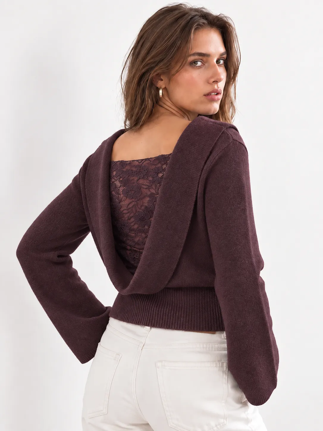 Lace Insert Cowl Back Sweater sold by COMMENSE product image thumbnail 2