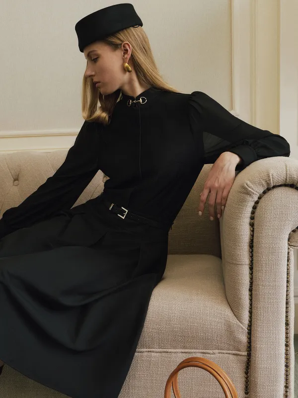 Horsebit Detail Stand Collar Sheer Sleeve Blouse made by COMMENSE