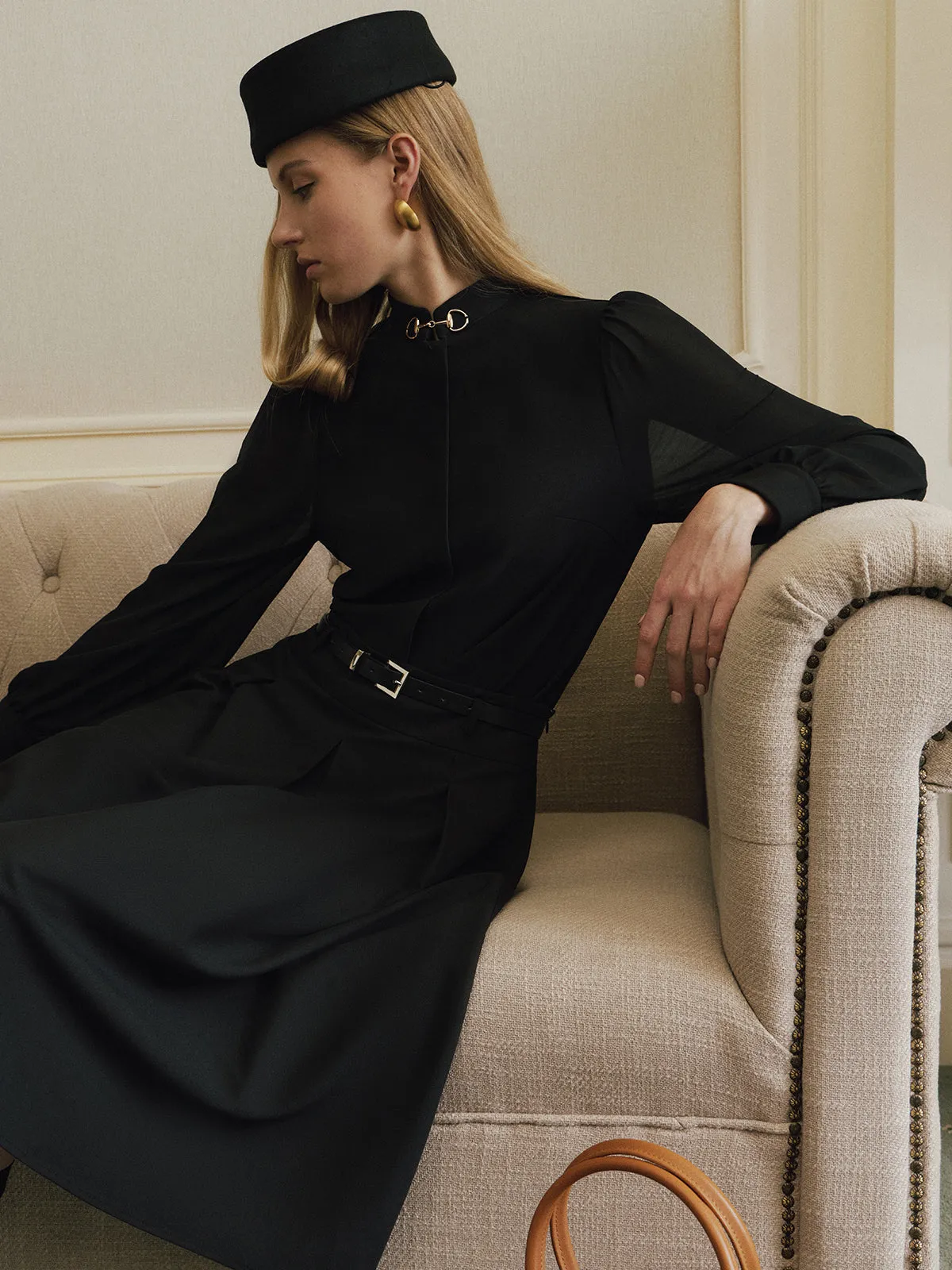 Horsebit Detail Stand Collar Sheer Sleeve Blouse sold by COMMENSE