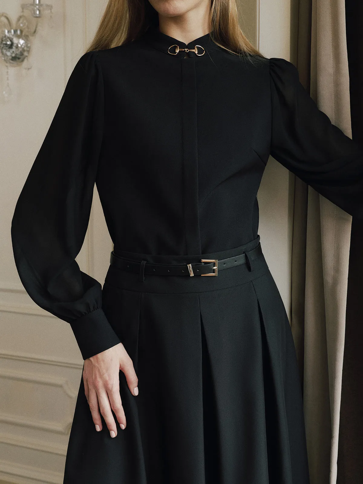 Horsebit Detail Stand Collar Sheer Sleeve Blouse sold by COMMENSE product image thumbnail 2