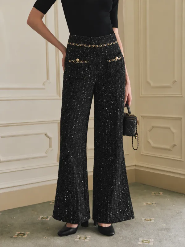 Chain Detail Sequin Tweed Pants made by COMMENSE