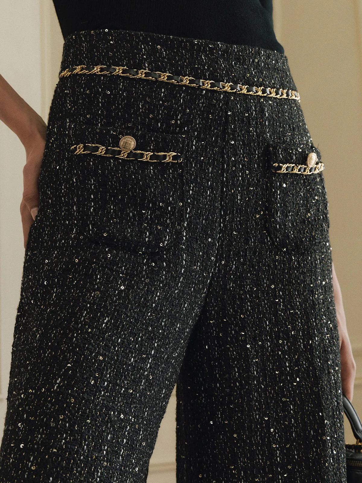 Chain Detail Sequin Tweed Pants sold by COMMENSE product image thumbnail 2