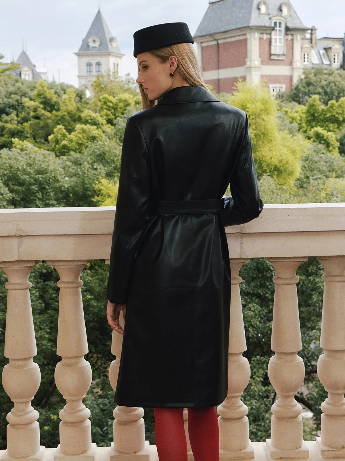 Belted Faux Leather Double‑Breasted Trench Coat sold by COMMENSE product image thumbnail 4