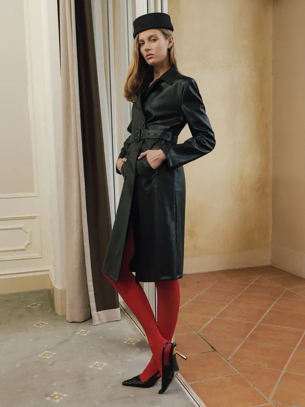 Belted Faux Leather Double‑Breasted Trench Coat made by COMMENSE