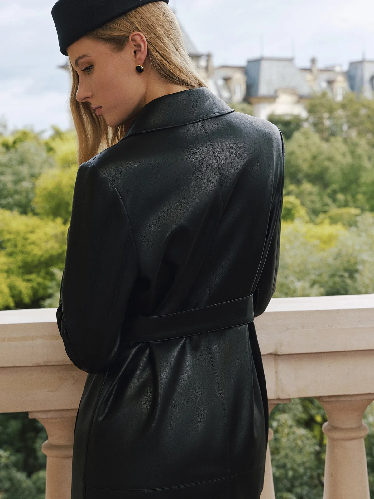 Belted Faux Leather Double‑Breasted Trench Coat sold by COMMENSE product image thumbnail 5