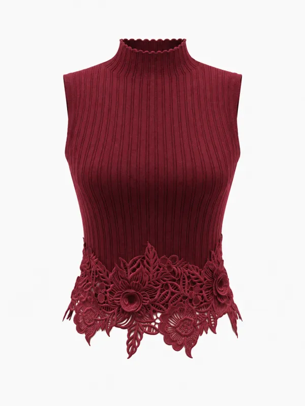 Lace Hem Mock Neck Wool Blend Knit Top made by COMMENSE