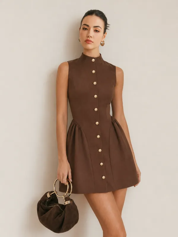 Stand Collar Metal Button Flared Mini Dress made by COMMENSE