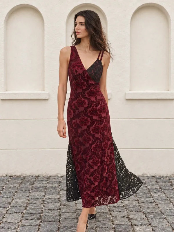 Asymmetrical Strap Flocked Floral Lace Maxi Dress made by COMMENSE