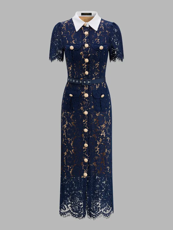 Contrast Collar Belted Lace Maxi Dress made by COMMENSE