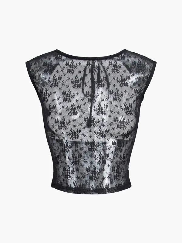 Floral Lace Mesh Cap Sleeve Blouse sold by COMMENSE
