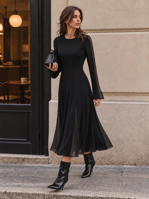 Sheer Panel Flare Sleeve Midi Dress made by COMMENSE
