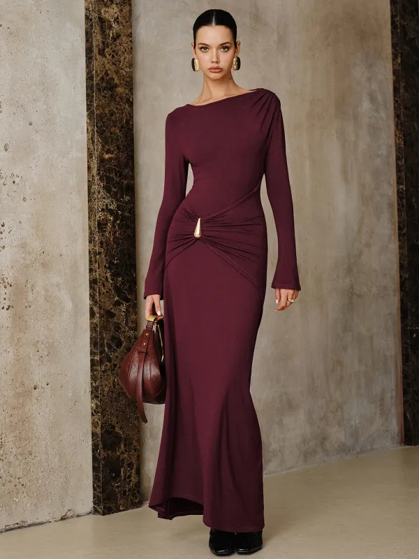 Upgraded | Metal Buckle Long Sleeve Ruched Maxi Dress made by COMMENSE
