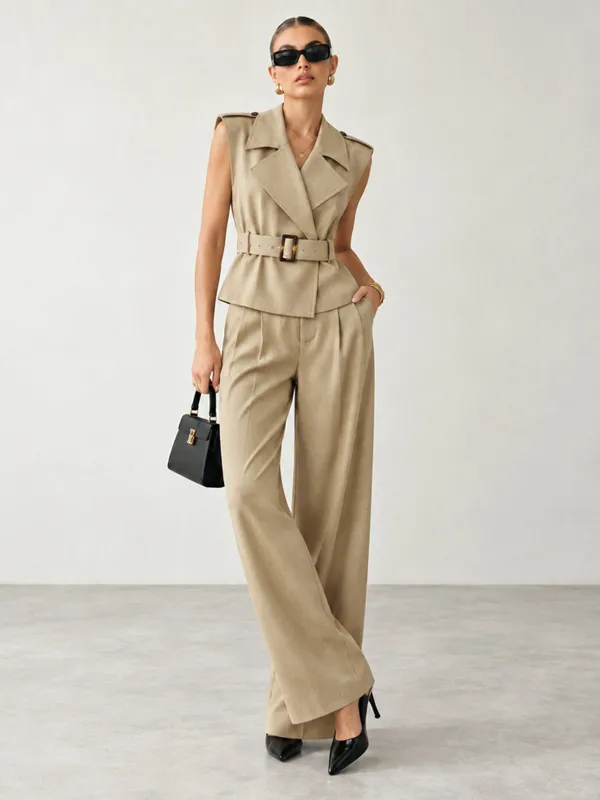Belted Sleeveless Blazer & Pants Set made by COMMENSE