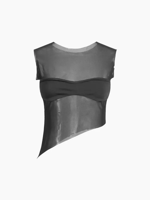 Combination Mesh Oblique Hem Crop Top sold by COMMENSE