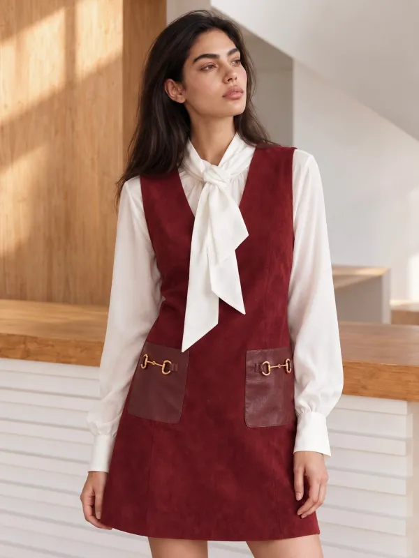 Horsebit Faux Suede V-Neck Mini Dress made by COMMENSE
