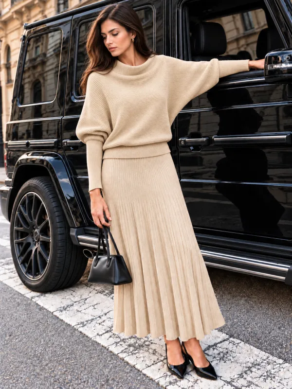 Batwing Sleeve Knit Top & Skirt Set made by COMMENSE