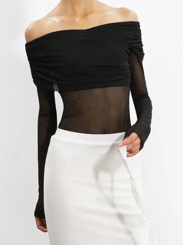 Semi-sheer Mesh Off Shoulder Long Sleeve Top sold by COMMENSE