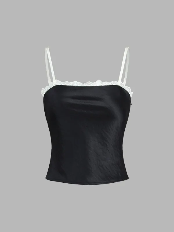 Lace Trim Satin Crop Top sold by COMMENSE