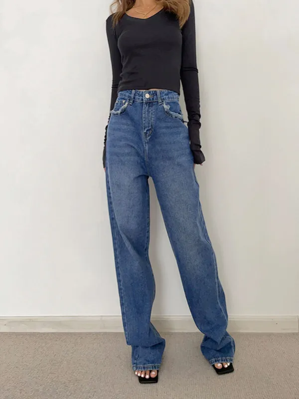 Raw Trim Pockets Straight Leg Pants sold by COMMENSE