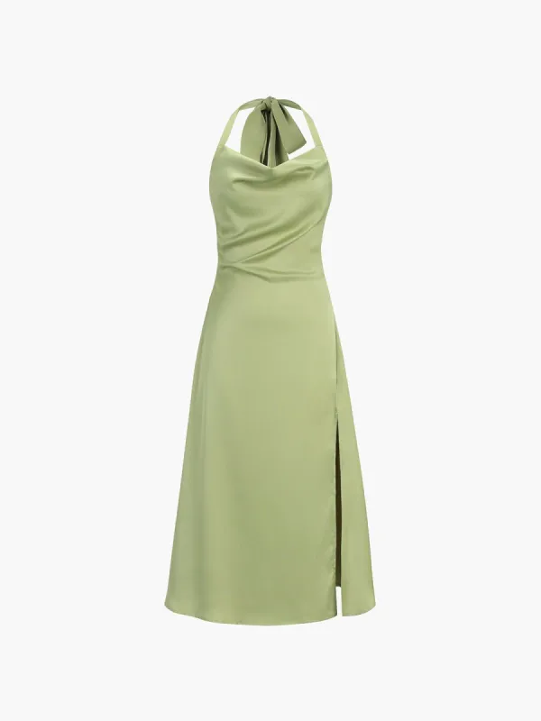 Halter Tied Zippered Satin Midi Dress sold by COMMENSE