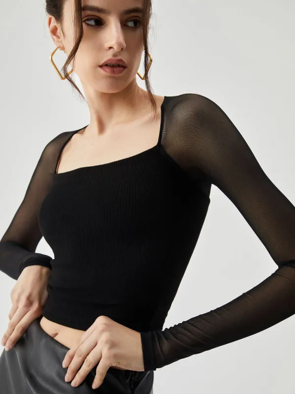 Semi-sheer Square Neck Long Sleeve Crop Top sold by COMMENSE