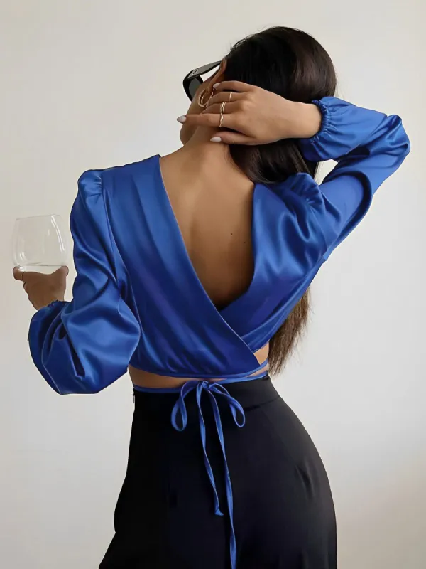 Satin Tied Crop Blouse sold by COMMENSE