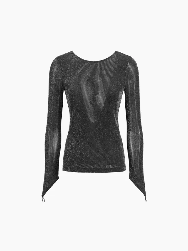 Glitter Mesh Open Back Long Sleeve Shirt sold by COMMENSE