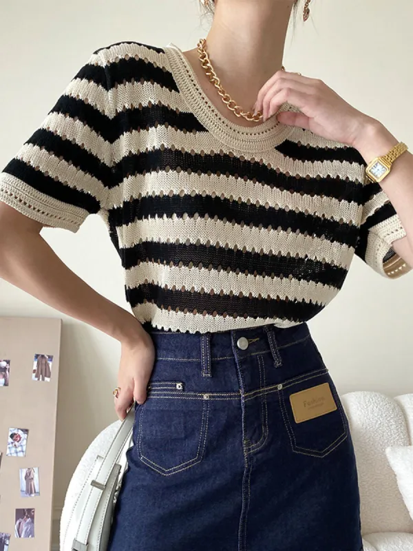 Stripe Crochet Shirt sold by COMMENSE