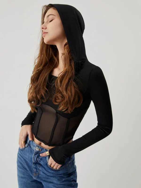 Patchwork Mesh Hooded Draped Corset Top made by COMMENSE