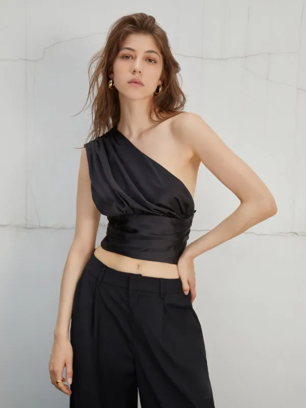 One Strap Ruched Satin Crop Top sold by COMMENSE