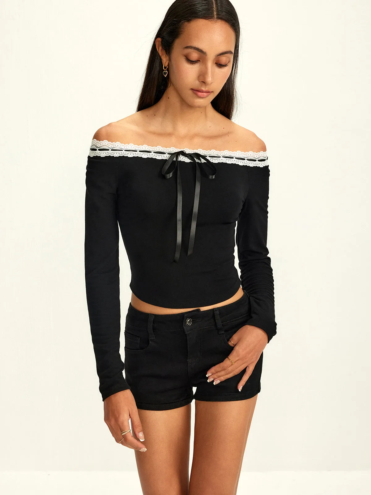Off-Shoulder Lace Trim Blouse sold by COMMENSE product image thumbnail 4