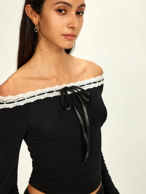 Off-Shoulder Lace Trim Blouse sold by COMMENSE
