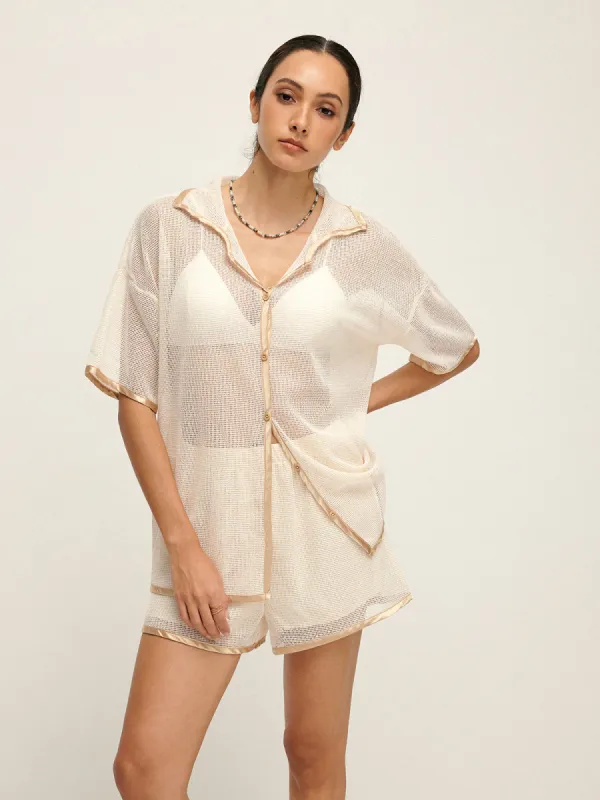 Contrast Trim Lapel Sheer Shorts Set sold by COMMENSE