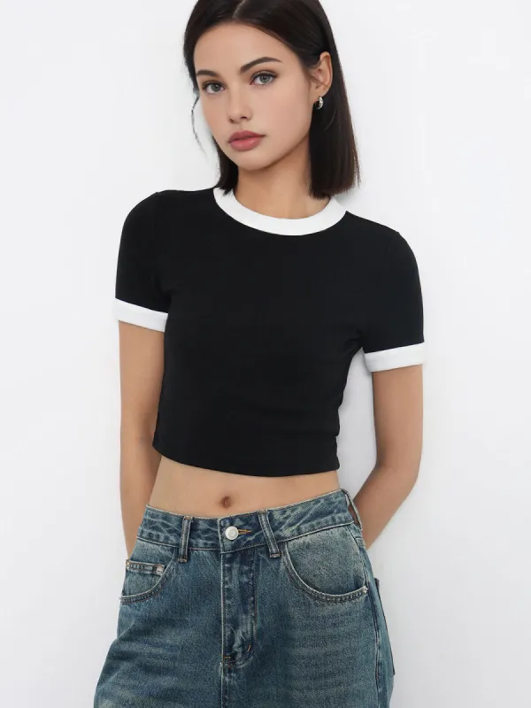 Cotton Contrast Trim Cropped Top sold by COMMENSE