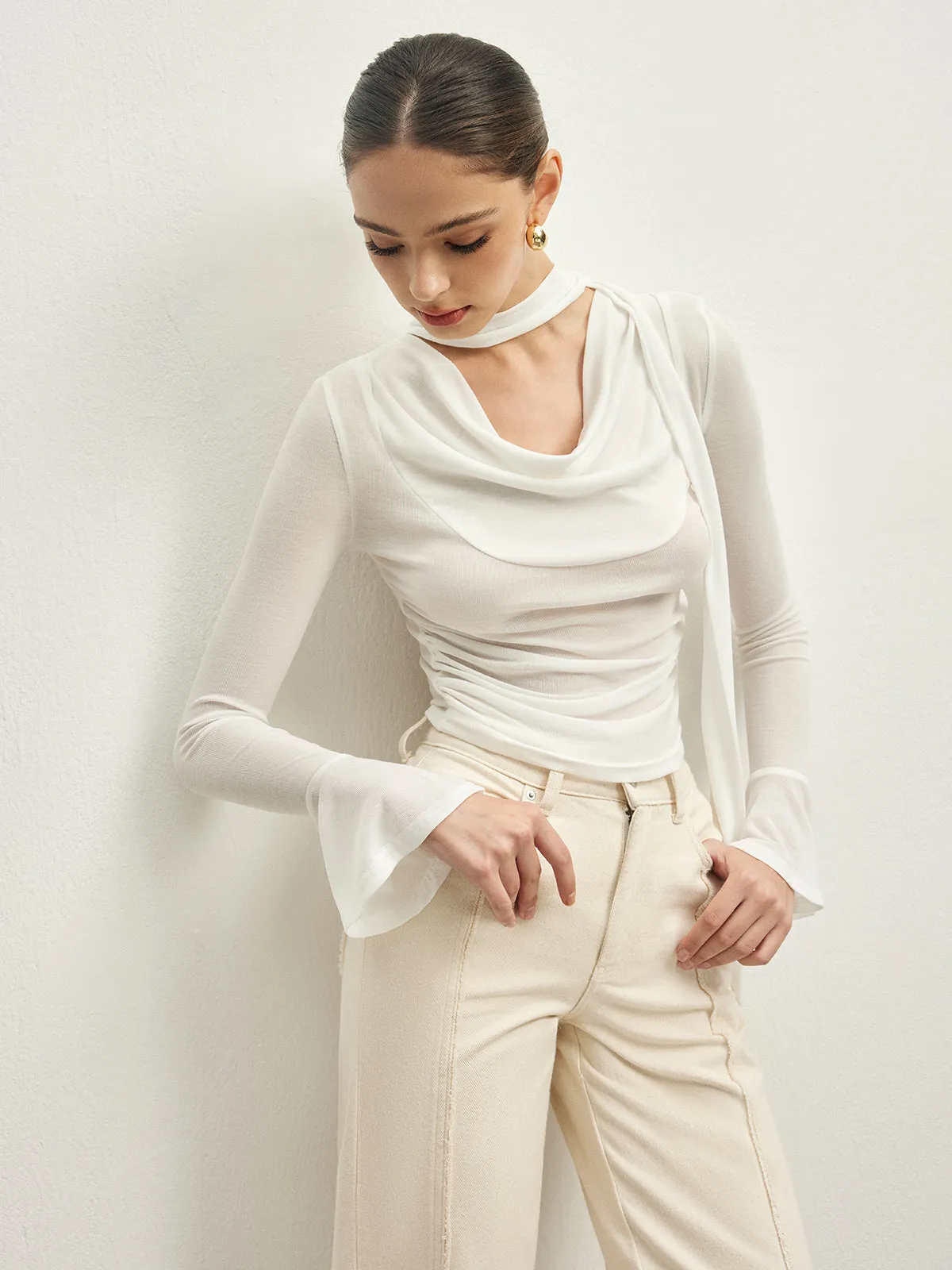 Ruffle Sheer Draped Jersey T-Shirt sold by COMMENSE product image thumbnail 5