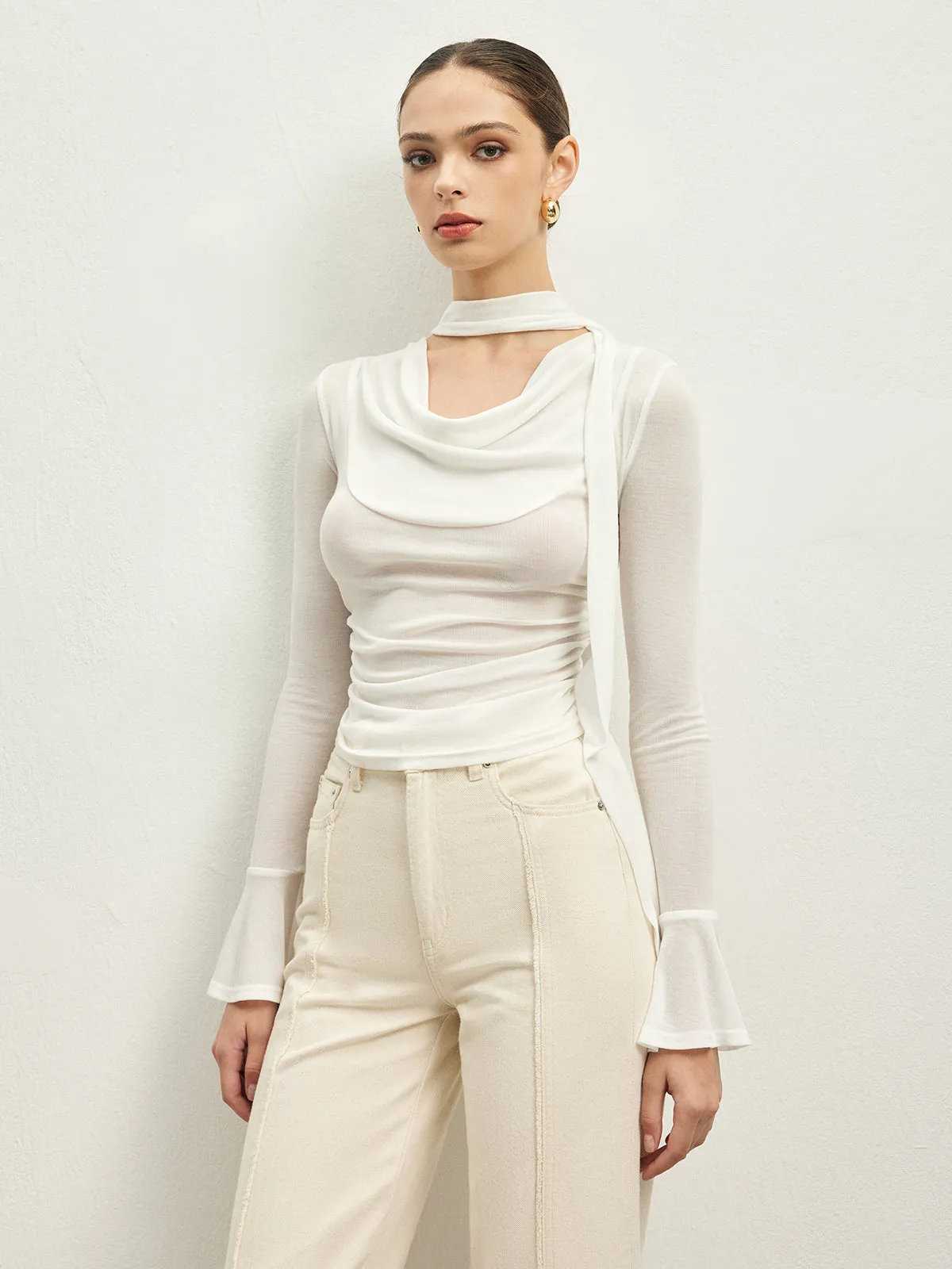 Ruffle Sheer Draped Jersey T-Shirt sold by COMMENSE product image thumbnail 3